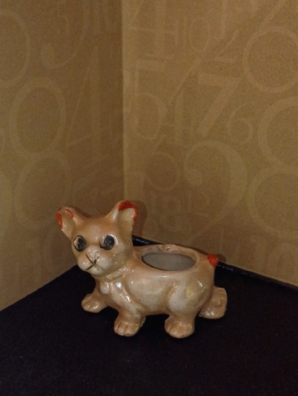 Vintage Ceramic Dog Planter or Pin Cushion At- Beige with Orange Accents